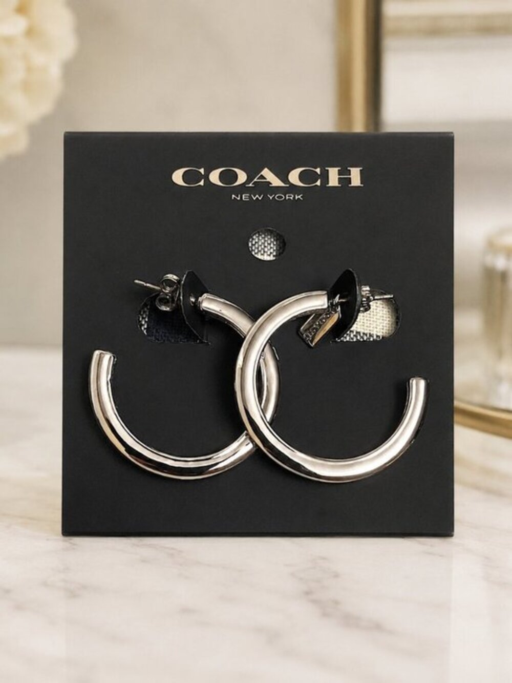 Coach Silver-Tone Signature C Hoop Earrings Logo Charm NWT